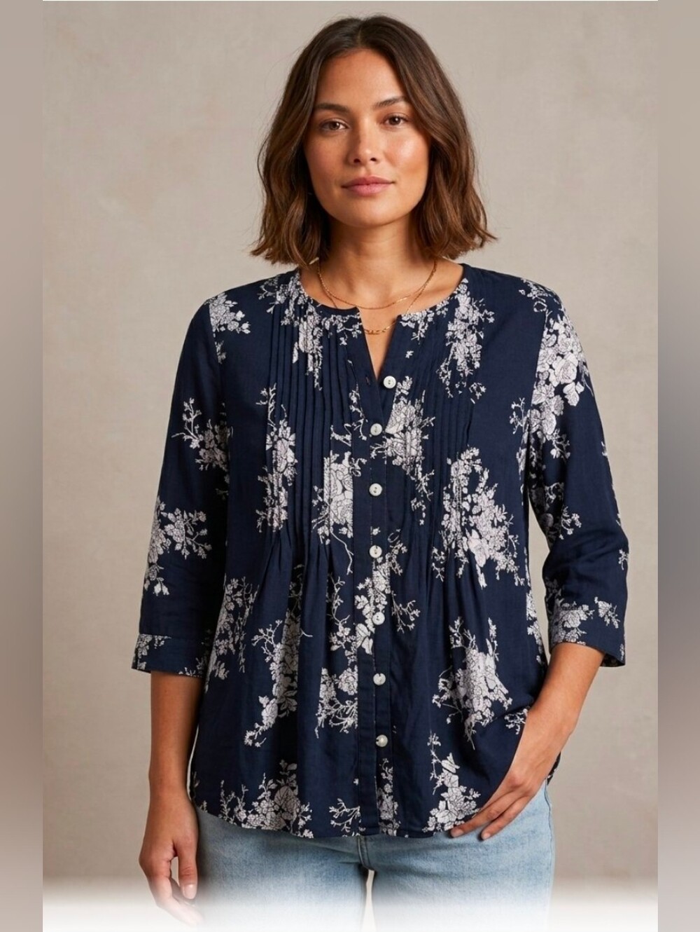 Ethyl M Navy Blue 100% Rayon Floral Pleated 3/4 Sleeve Bohamian Blouse Top